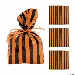 Cheapest ๐ 5" x 11" Black & Orange Striped Cellophane Treat Bags - 12 Pc. ๐