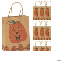 Promo ๐ 6 1/2" x 3 1/4" x 9" Medium Brown Jack-Oโ-Lantern Paper Gift Bags - 12 Pc. ๐ฏ